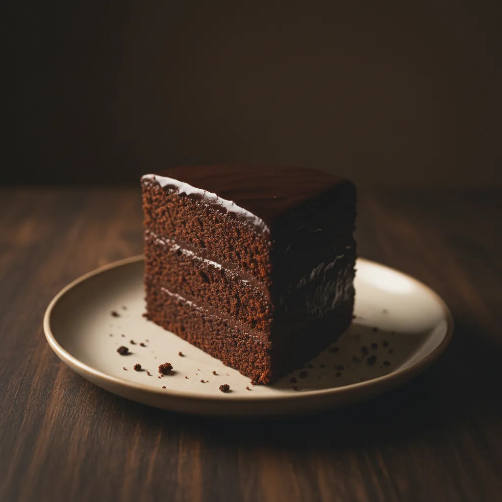 Fetta di torta al cioccolato a tre strati su un piattino color crema