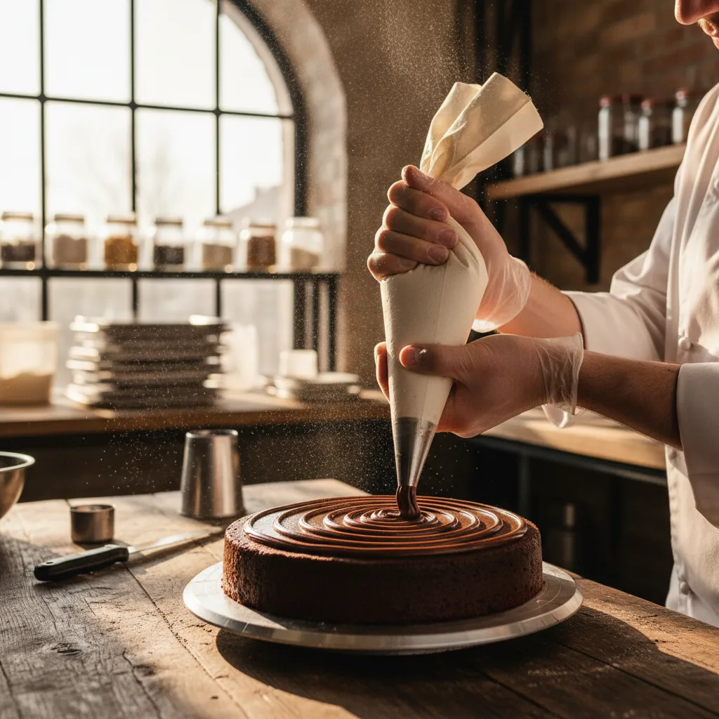 Mani di pasticcera che decorano una torta al cioccolato con la sac à poche nel laboratorio