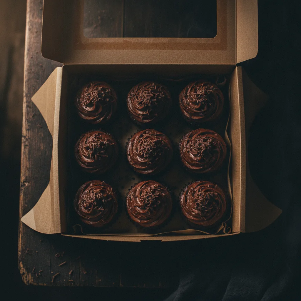 Scatola aperta con cupcake al cioccolato visti dall'alto