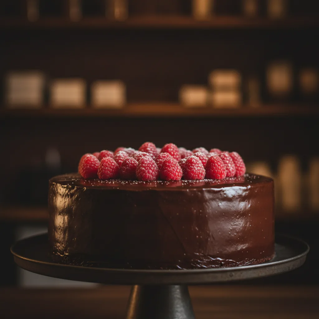 Torta al cioccolato fondente con lamponi freschi su alzata scura