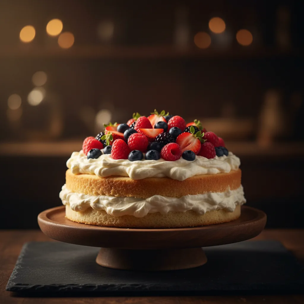 Torta alla vaniglia con crema e frutti di bosco freschi