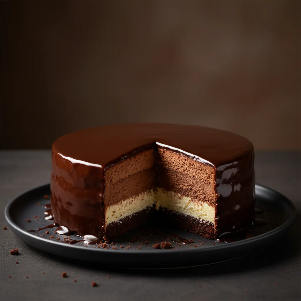Torta tre cioccolati tagliata che mostra gli strati di mousse