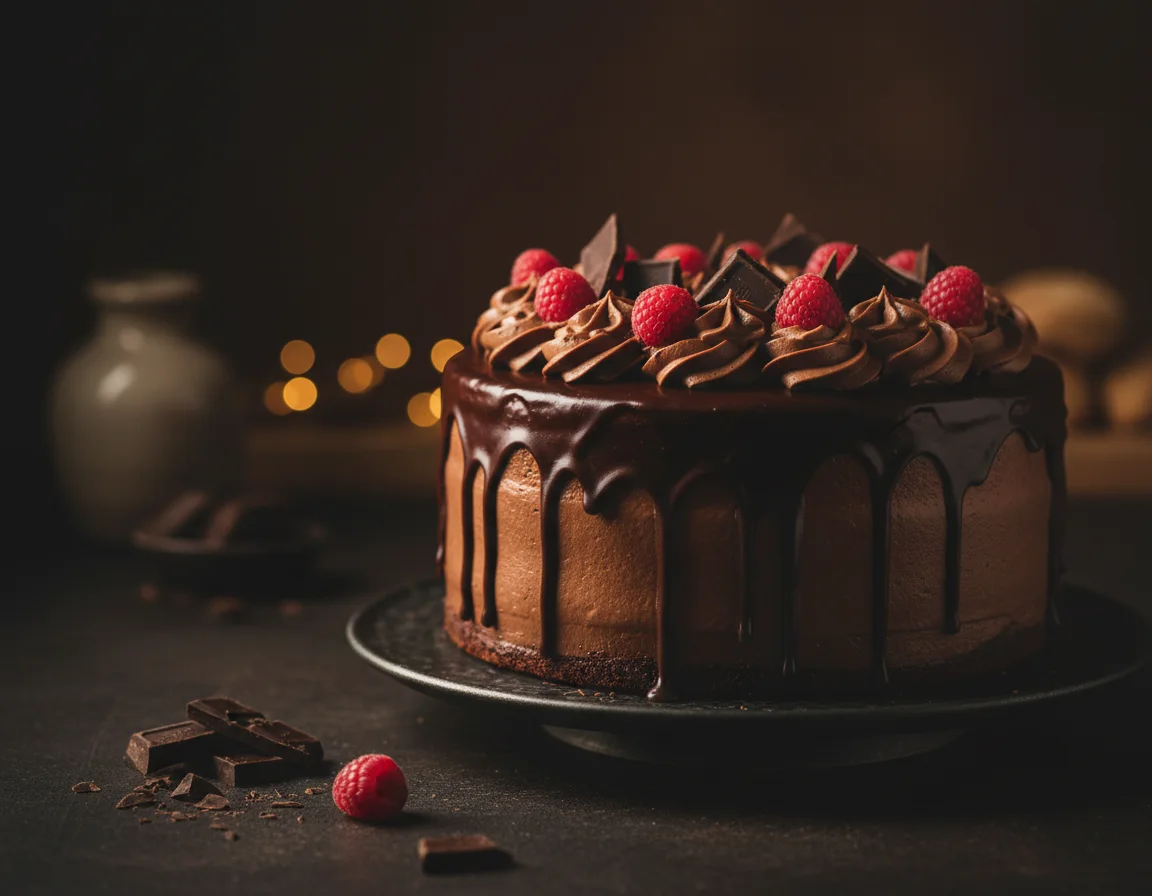 Torta al cioccolato con ganache colata, ciuffi di crema e lamponi freschi, su un'alzata scura